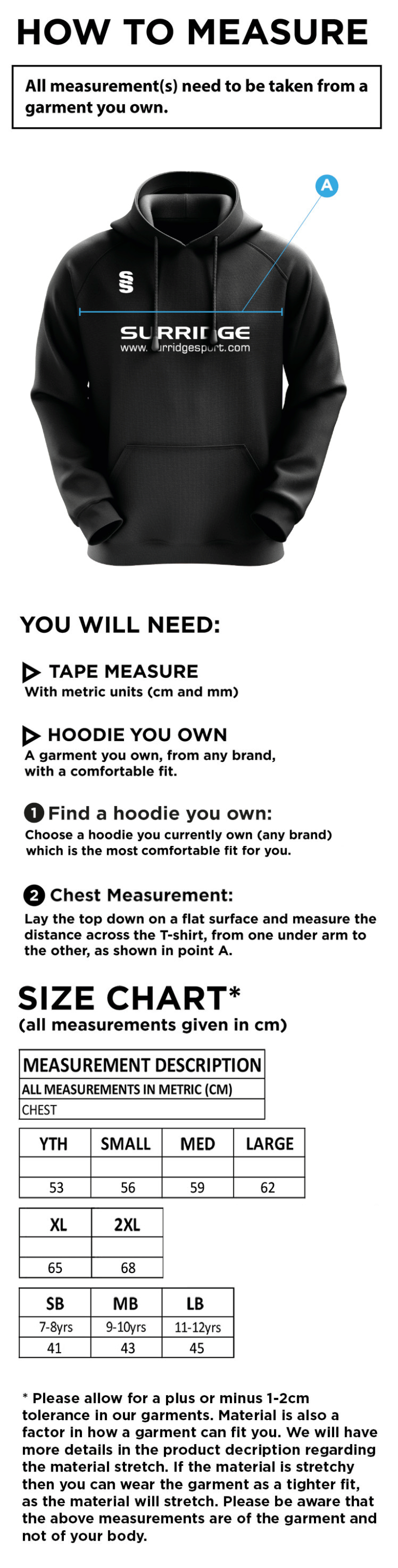 GLA Central Team - Blade Hoody - Size Guide