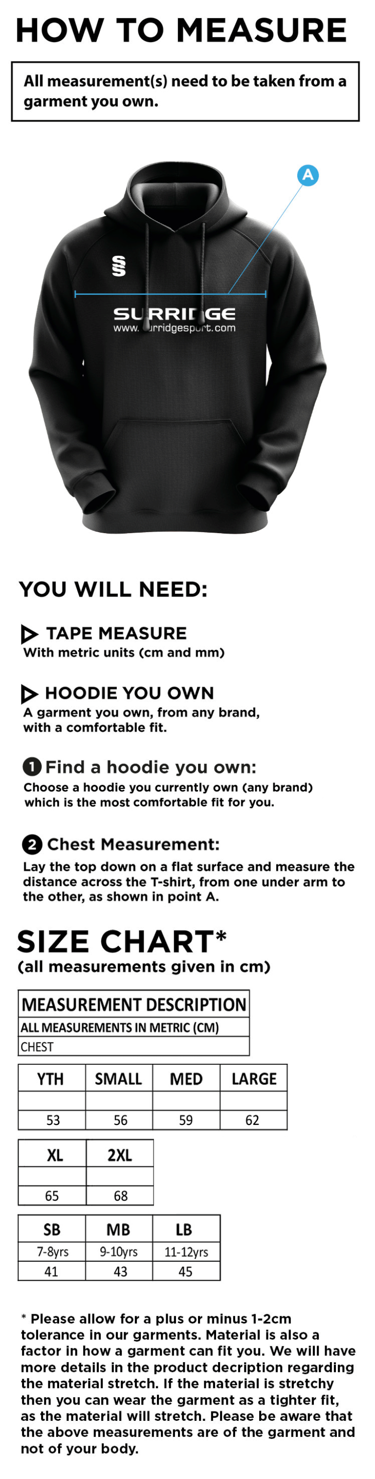 Bishops Cleeve Primary - Blade Hoody - Size Guide