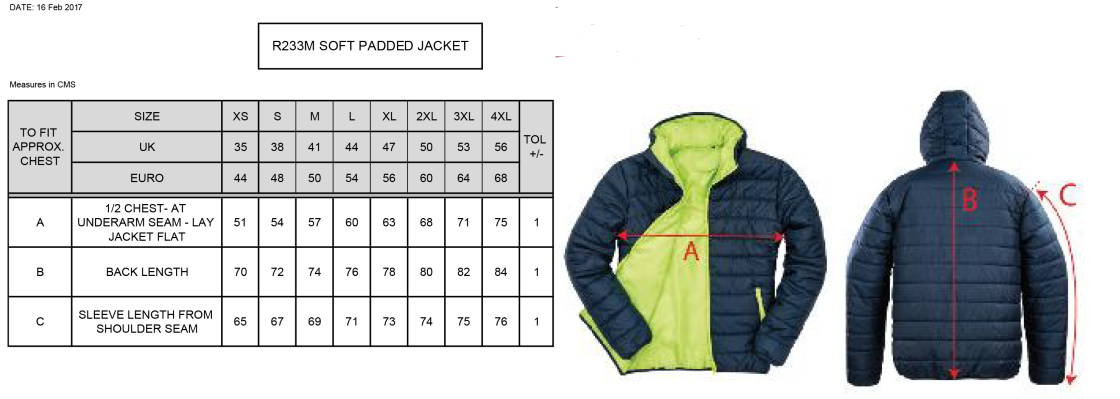 Supersoft Padded Jacket : Black - Size Guide